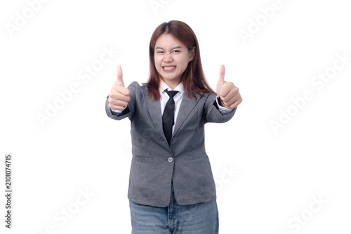 Canvas Print Smiling woman giving double thumbs up