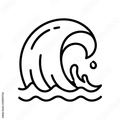 Stylized wave illustration, simple black and white line art of ocean water cresting.