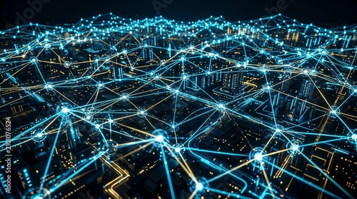 Digital Network Grid with Glowing Connections Representing Cybersecurity and Data Flow
