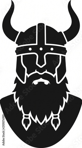 Black Viking avatar icon silhouette with horned helmet and beard isolated on white background. Minimal Norse warrior profile symbol perfect for history, mythology, gaming, branding, websites, and digi
