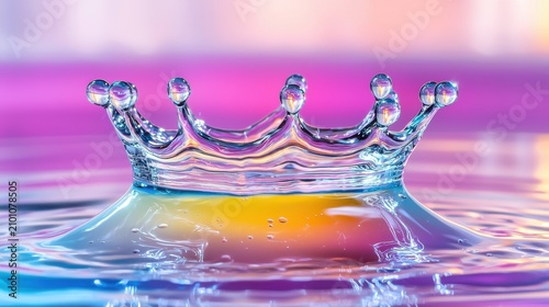 Droplet impact crown formation with vibrant rainbow colored liquid splash captured using high-speed macro photography showing perfect symmetry