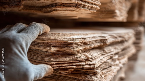 Beige limestone texture showcasing weathered layered sediment structure with gloved hand for scale, natural light revealing geological stratification details in sharp focus