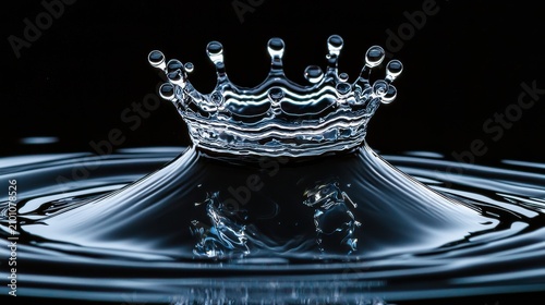 Liquid impact macro water droplet crown splash formation on dark surface with crystal clear symmetrical patterns captured at precise moment