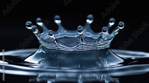 Water drop crown with perfect crystalline spikes captured at impact moment showing transparent droplets against dramatic black background lighting