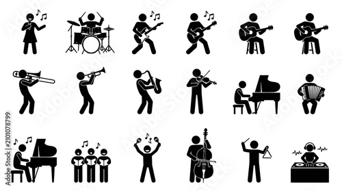 Musical performers and stage artist silhouette icons