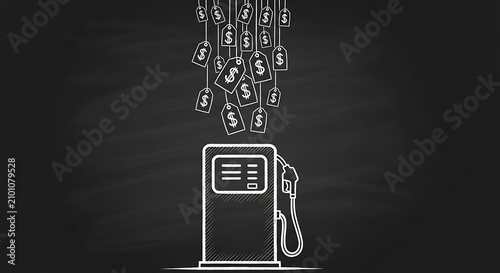 Chalkboard illustration of a gas pump with hanging dollar sign price tags representing rising fuel costs.