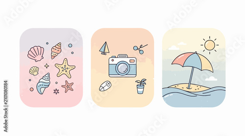 Summer Vacation Icons: Seashells, Camera, Beach Umbrella on Tropical Island