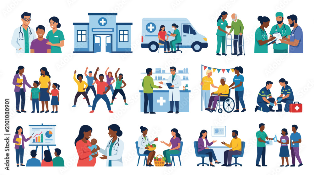 Fototapeta premium Healthcare and Community Support Services Flat Vector Illustration Set with Medical Professionals and Patients
