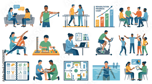 Medical Rehabilitation and Physical Therapy Flat Illustration Set for Patient Treatment, Exercise, and Recovery Progress