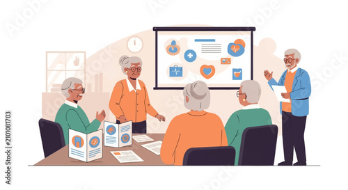 Flat vector illustration of senior citizens in a healthcare workshop. A male presenter points to a projector screen with medical icons while participants sit at a table with pamphlets.