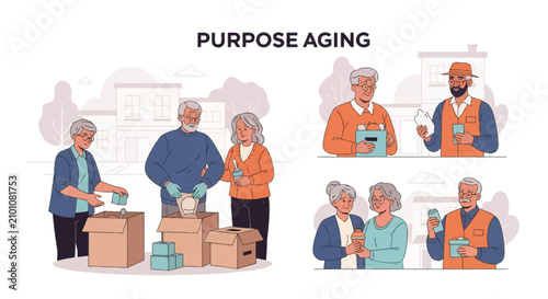 Flat vector illustration of senior citizens volunteering in a community setting. Older adults are packing donation boxes with supplies and food, showcasing active aging and social support.