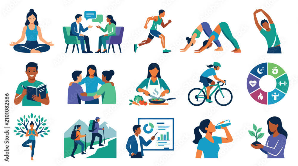 Fototapeta premium Modern Flat Vector Illustration Set of Diverse Healthy Lifestyle and Wellness Activities