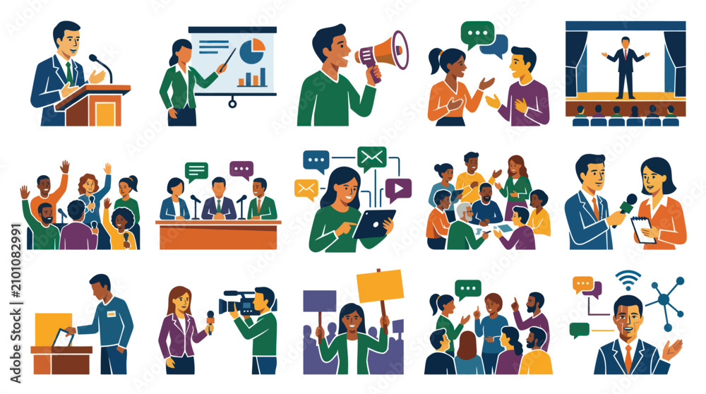 Fototapeta premium Communication and Public Relations Flat Vector Illustration: People Speaking, Meeting, Media, Social Interaction Concepts