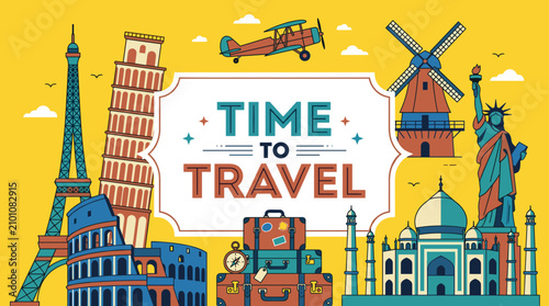 Travel banner with global landmarks