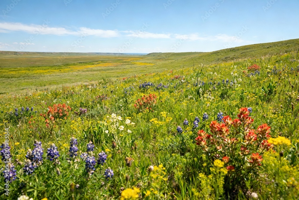 Obraz premium A vibrant meadow filled with colorful wildflowers under a clear blue sky