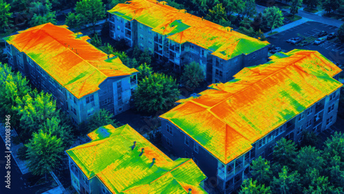 Aerial thermal imaging of apartment complex rooftops revealing heat distribution pattern with orange, red, and green color gradient map