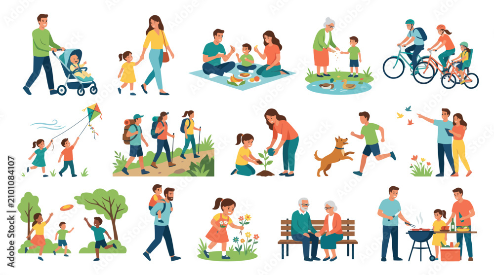 Fototapeta premium Flat Style Vector Illustration of Diverse Families and People Enjoying Outdoor Activities