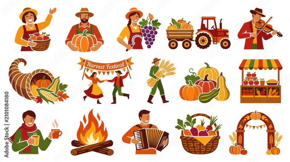 Fototapeta premium Happy Harvest Festival Icons: Farmers, Pumpkins, Tractor, Violin, Cornucopia, Food Stall