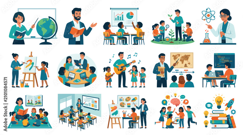 Fototapeta premium Flat Style Education and Learning Vector Icons with Teachers and Students