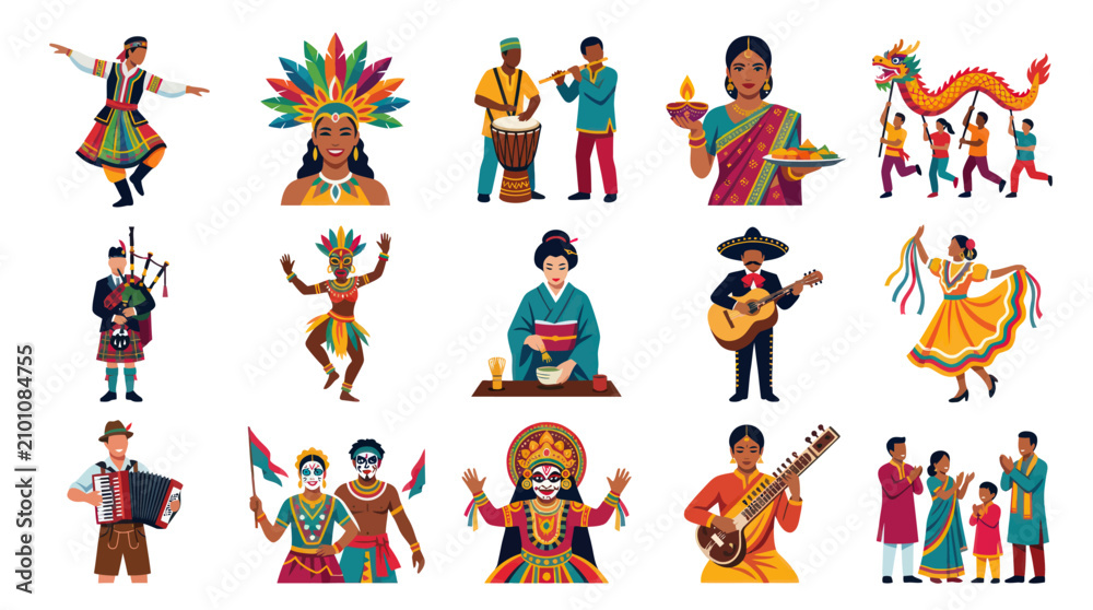 Fototapeta premium Diverse Cultures Celebration People Dancing Music Art Flat Style Vector Icons