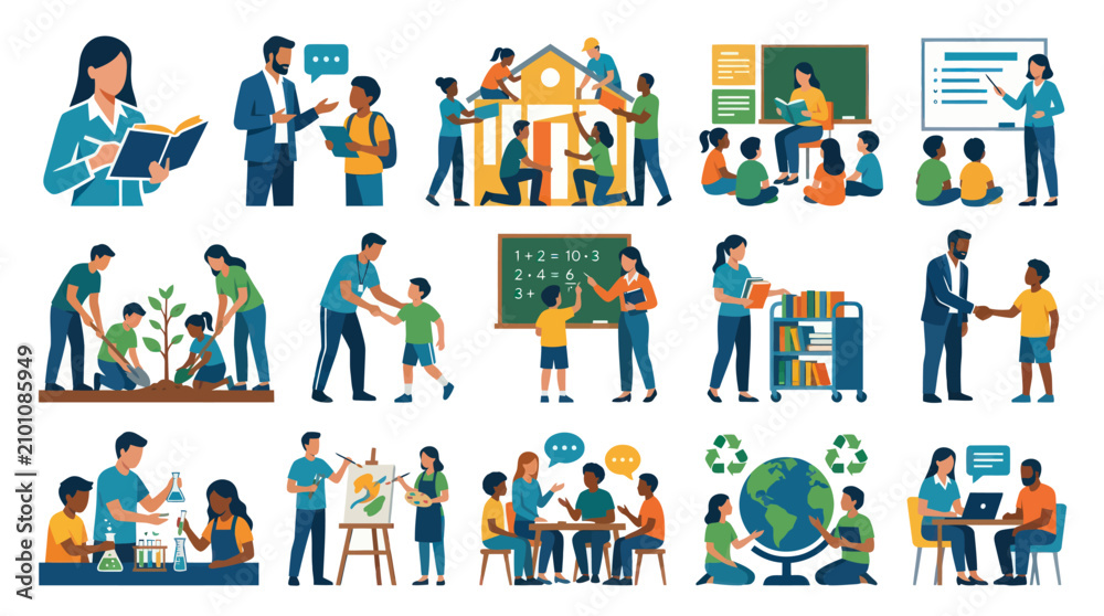 Fototapeta premium Diverse Education and Learning Flat Vector Illustration Set: Teachers, Students, School Activities, and Development.