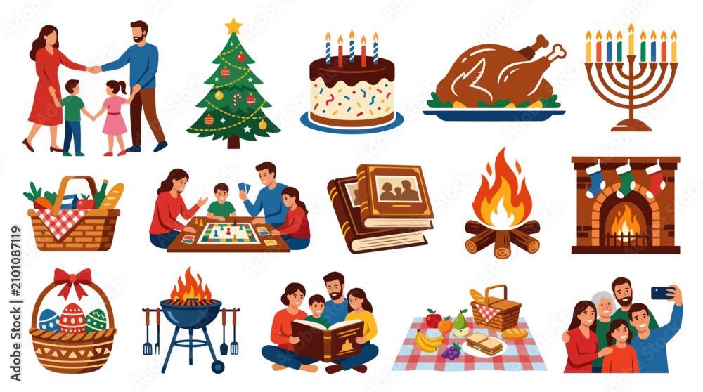 Naklejka premium Flat Style Vector Illustration: Family Celebrations Holidays Icons Set