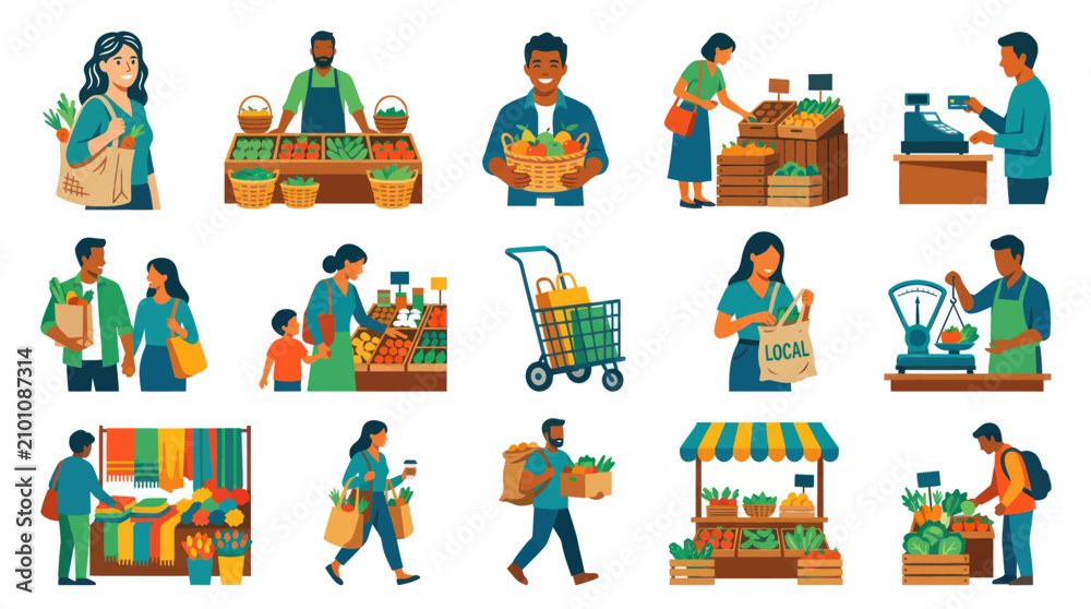 Fototapeta premium Flat Vector Illustrations of Grocery Shopping and Farmers Market Scenes with Diverse Customers and Vendors