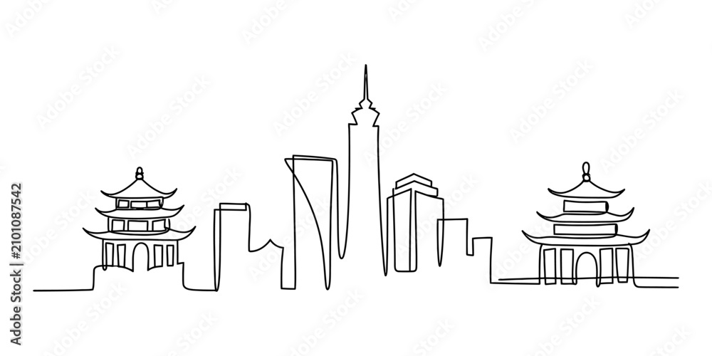 Obraz premium Continuous single line drawing of taipei city skyline with modern skyscrapers and traditional chinese pagoda temple buildings Vector, illustration