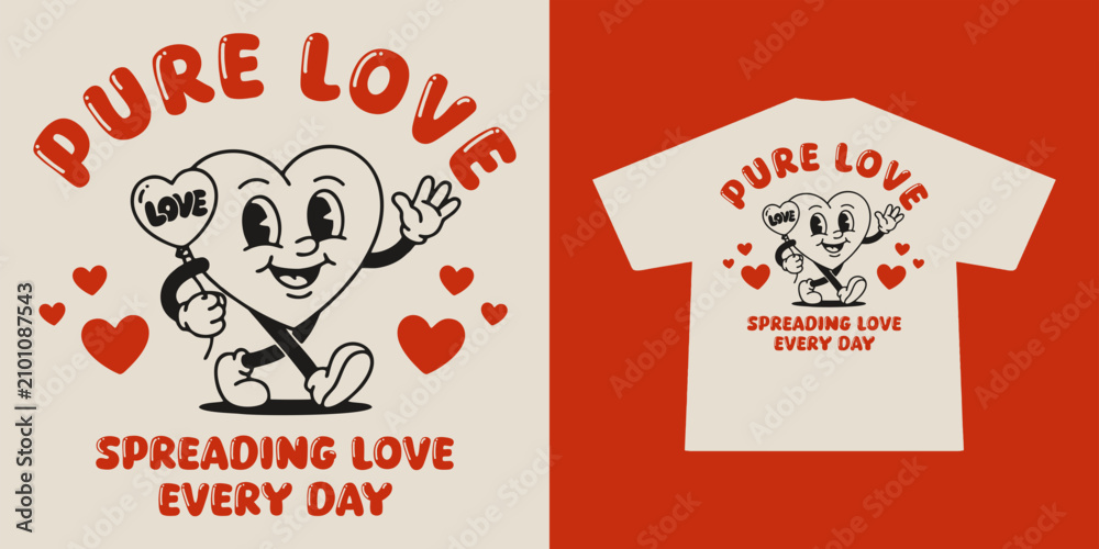 Fototapeta premium Cute vintage Heart Mascot Retro Valentine T shirt Design Illustration