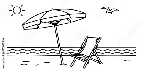 Black and white line art drawing of a beach umbrella and a folding chair on the sand with a sun and a flying bird in the sky Vector, illustration