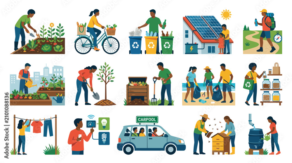 Fototapeta premium Green Living Sustainable Lifestyle Flat Illustration Set: Environmental Protection, Eco-Friendly Activities, Concepts