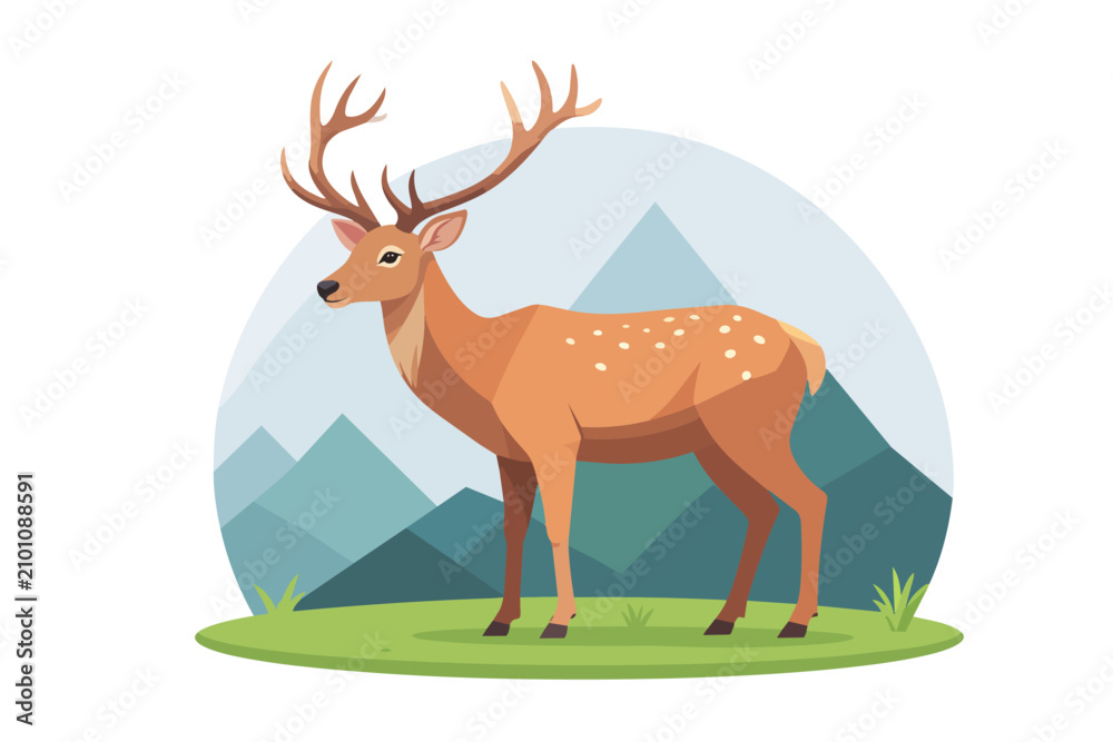 Fototapeta premium Woodland Deer Flat Vector Illustration in Nature Landscape