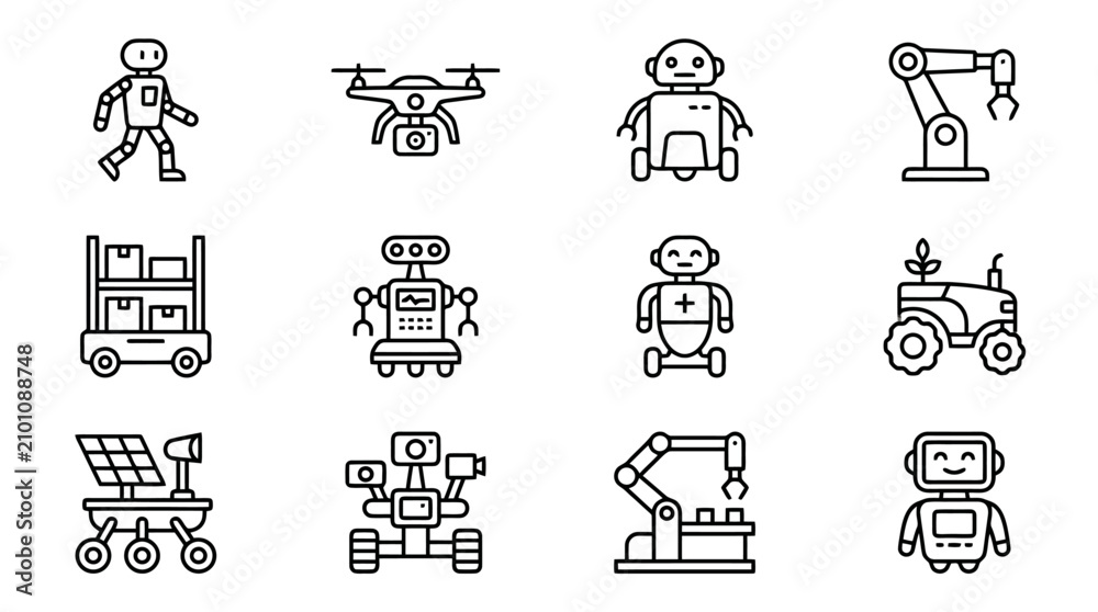 Fototapeta premium Industrial Black and White Line Icons Set Featuring Various Robots Drones and Machinery for Modern Technology Illustrations