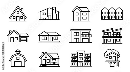 Industrial Black and White Line Drawing Set of Various House and Building Styles for Design and Architecture Use