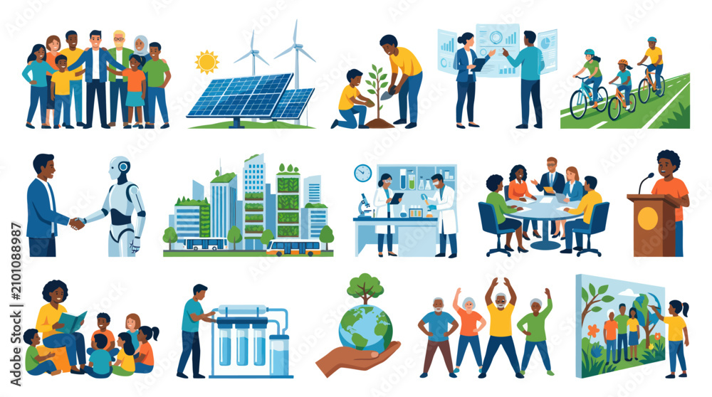 Naklejka premium Diverse Flat Vector Illustrations Collection of Sustainable Technology, Environment, Community, and Future Concepts