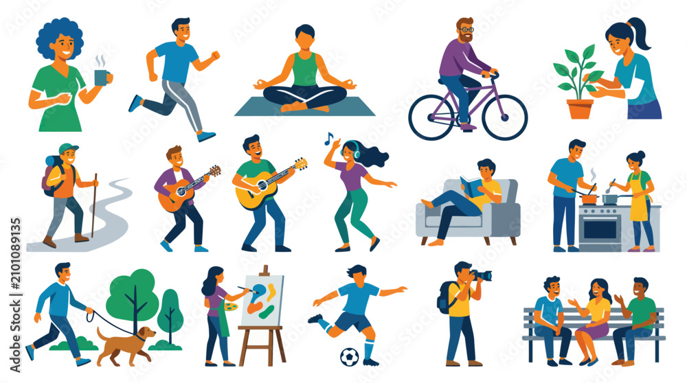 Fototapeta premium Flat Design People Enjoying Hobbies and Healthy Lifestyle Vector Art