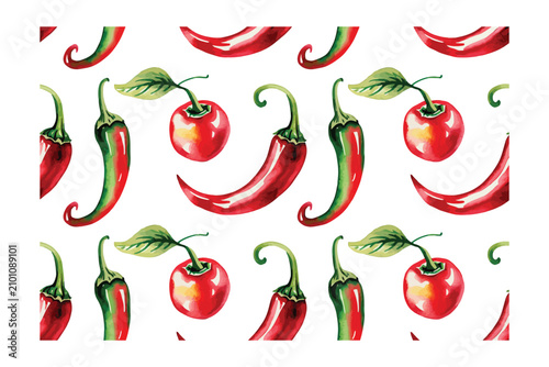 Vászonkép Watercolor Chili Pepper pattern, Spicy Garden Vegetable vector illustration isol