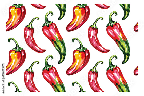 Fotografía Watercolor Chili Pepper pattern, Spicy Garden Vegetable vector illustration isol