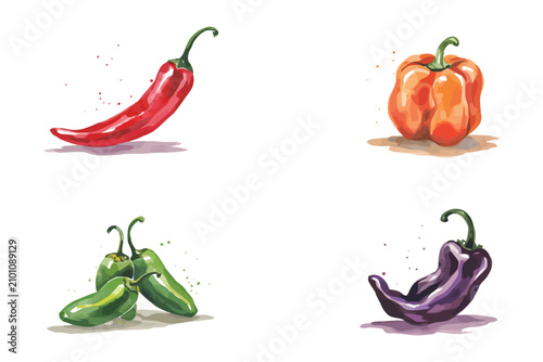 Vászonkép Hand-Painted Chili Pepper Watercolor, Organic Hot Pepper Clipart, Isolated Vecto