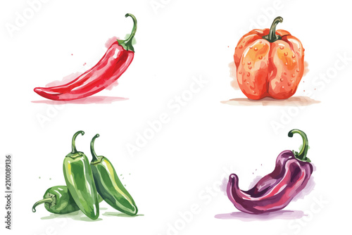 Cuadro en lienzo Watercolor Chili Pepper Clipart, Spicy Garden Vegetable vector illustration isol