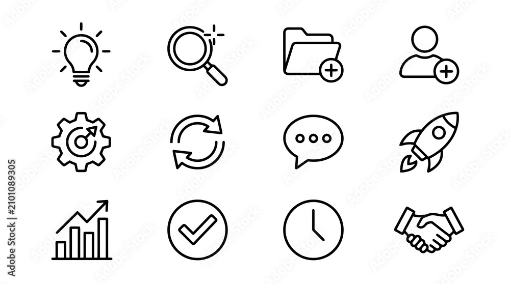 Fototapeta premium Modern Minimalist Black and White Icons Set Featuring Conceptual Symbols for Business Innovation and Productivity