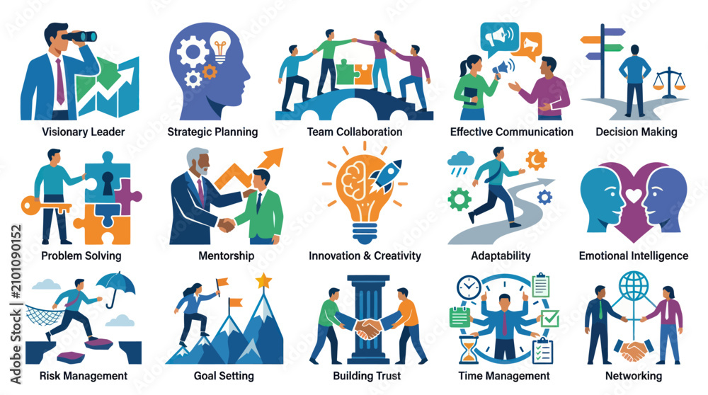 Fototapeta premium Business Management and Soft Skills Flat Vector Icons Set for Professional Development