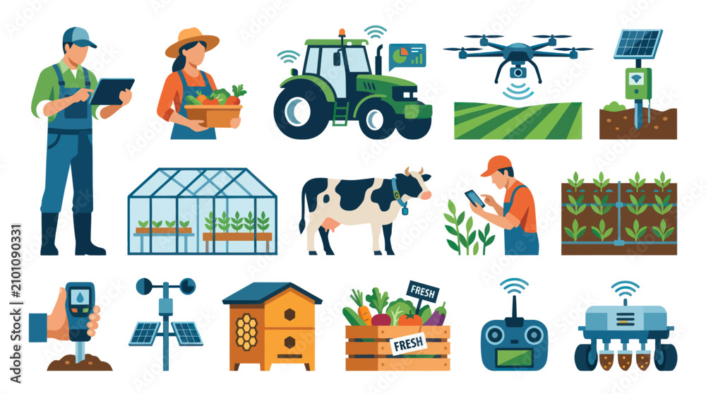 Naklejka premium Smart Farming Technology Flat Design Icons Set. Digital Agriculture Modern Farm Elements Vector.