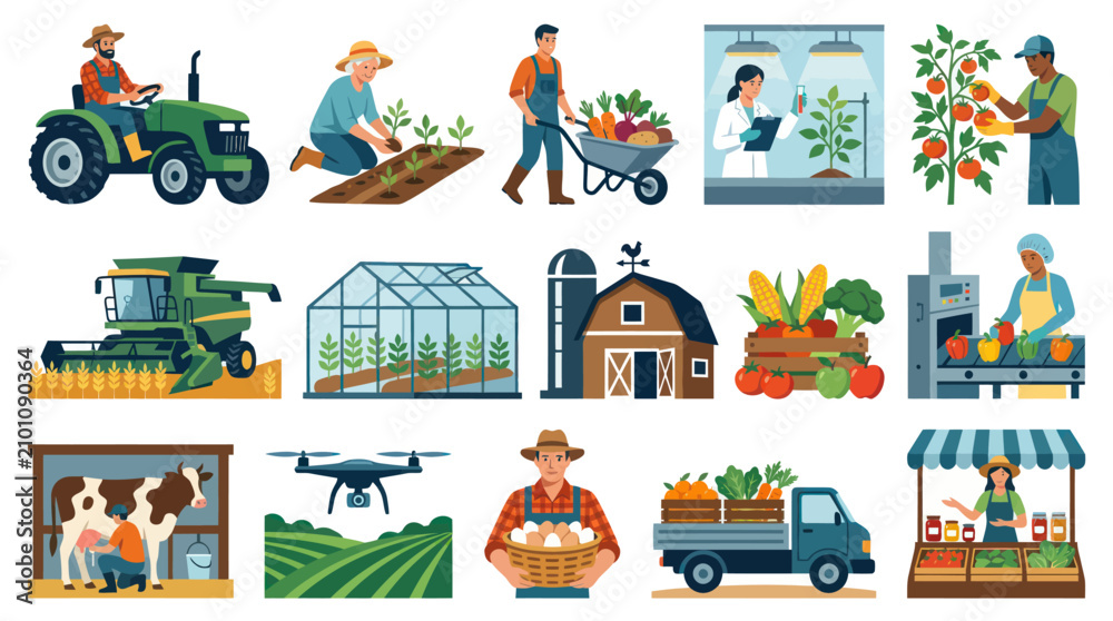 Naklejka premium Flat Vector Icons of Farming and Agriculture: Tractor, Harvest, Greenhouse, Animals