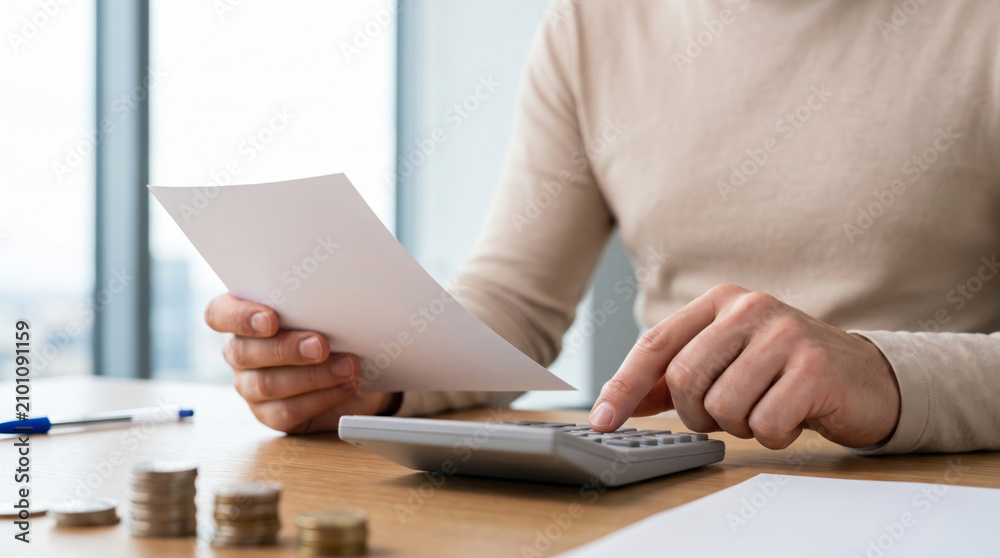 Fototapeta premium Saving money school budget paper calculator hand coin stack for finance planning. Education learning study graduation. back school shopping, finance budget cost planning, scholarship loan