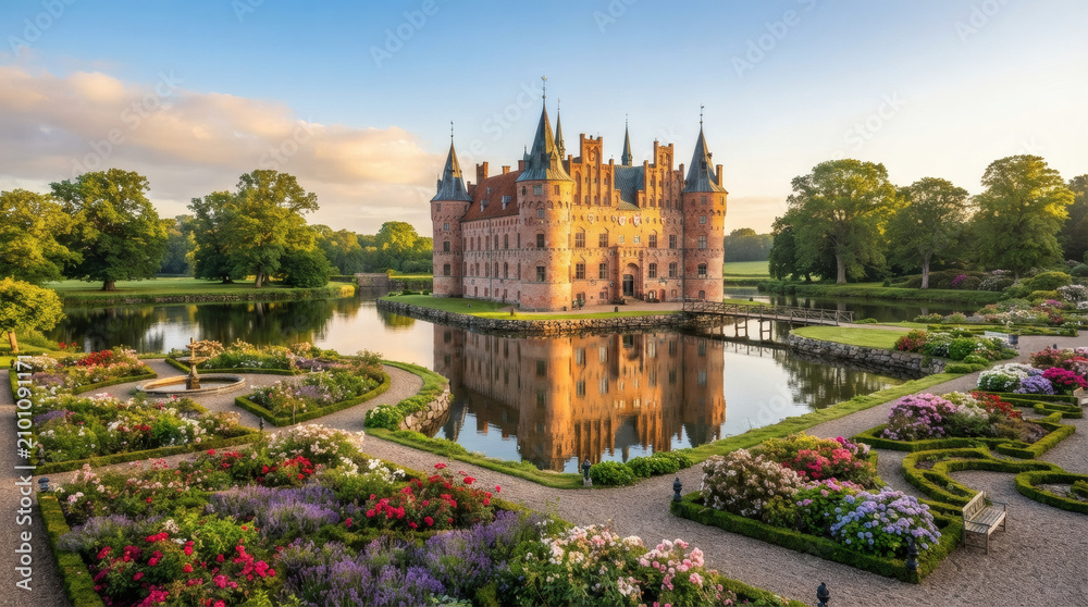 Fototapeta premium Sunlit Moated Castle Over Reflective Lake With Formal Flower Gardens and Stone Bridge At Sunset
