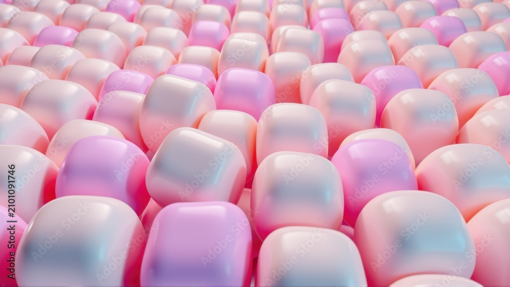 Obraz premium Rounded cubes fill frame. Soft pinks, purples create abstract texture. Glossy surfaces reflect light, forming gentle gradients. Minimalist design.