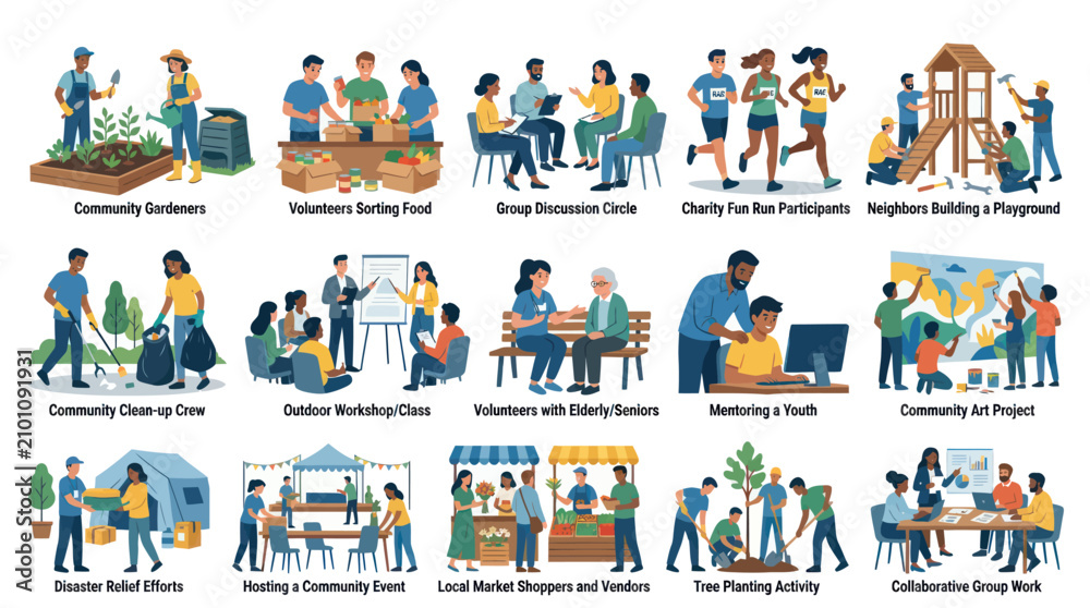 Fototapeta premium Flat Vector Illustration Set: Community Volunteers Engaged in Diverse Social Activities and Teamwork