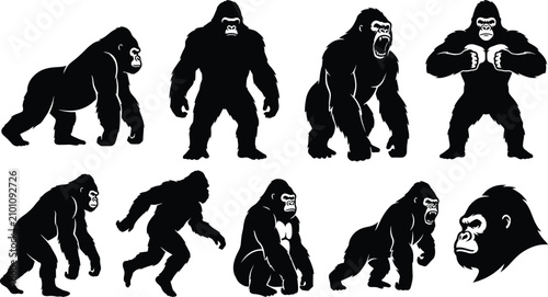Fotografía Gorilla silhouettes, black ape icons, primate vector set, animal graphics