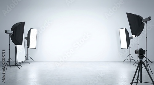 Two studio lights stand on stands in a gray room. A camera is mounted on a tripod in the center.